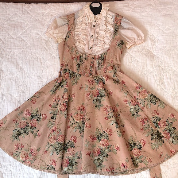 Victorian Maiden Dresses & Skirts - Vintage Victorian Maiden Corset Jumper Skirt JSK and Blouse Set Pink RARE